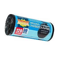 Мешки для мусора 120 л, с ушками, черные, в рулоне 30 шт., ПНД, 15 мкм, 1100х700 мм, Крепак, 4607075710375 в Череповце
